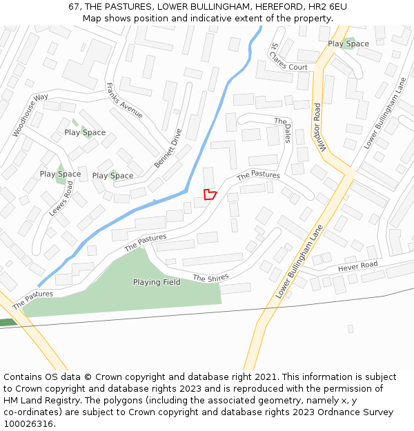 67, THE PASTURES, LOWER BULLINGHAM, HEREFORD, HR2 6EU: Location map and indicative extent of plot
