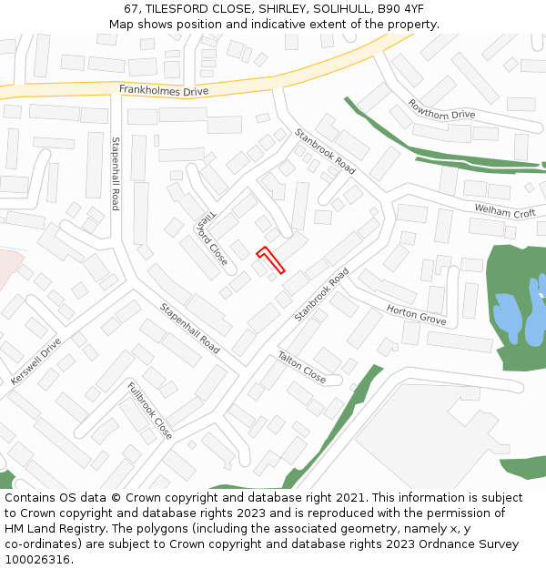 67, TILESFORD CLOSE, SHIRLEY, SOLIHULL, B90 4YF: Location map and indicative extent of plot