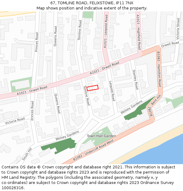 67, TOMLINE ROAD, FELIXSTOWE, IP11 7NX: Location map and indicative extent of plot