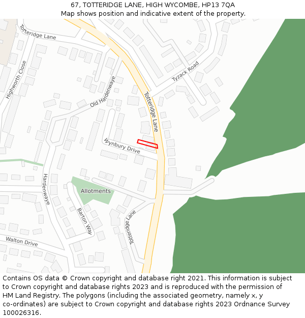 67, TOTTERIDGE LANE, HIGH WYCOMBE, HP13 7QA: Location map and indicative extent of plot
