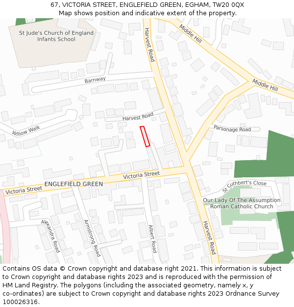 67, VICTORIA STREET, ENGLEFIELD GREEN, EGHAM, TW20 0QX: Location map and indicative extent of plot