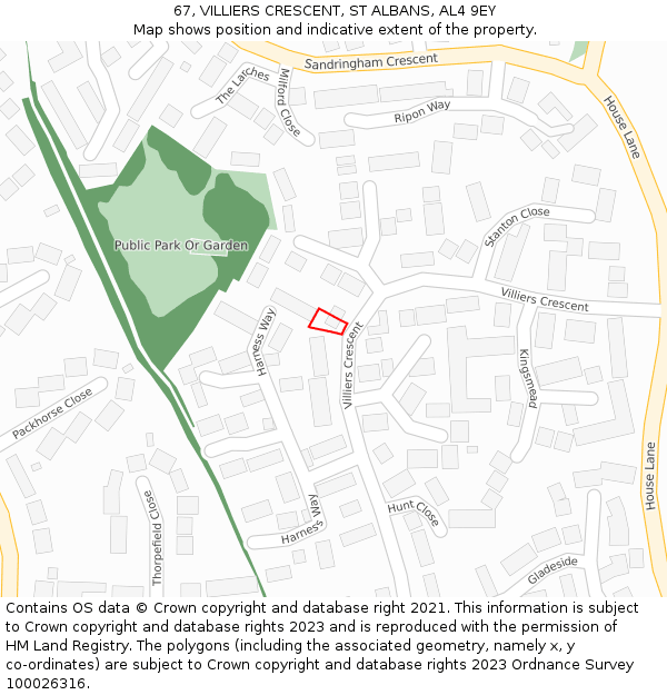67, VILLIERS CRESCENT, ST ALBANS, AL4 9EY: Location map and indicative extent of plot