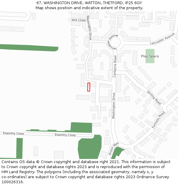 67, WASHINGTON DRIVE, WATTON, THETFORD, IP25 6GY: Location map and indicative extent of plot