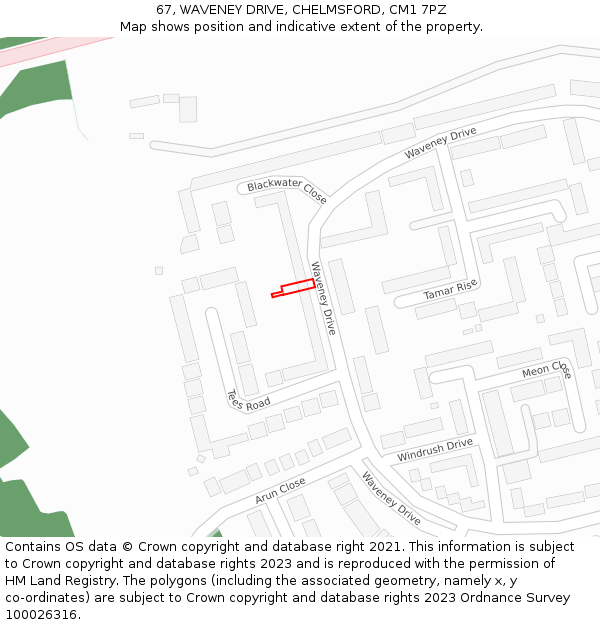 67, WAVENEY DRIVE, CHELMSFORD, CM1 7PZ: Location map and indicative extent of plot