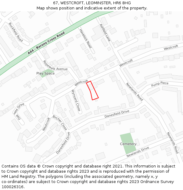 67, WESTCROFT, LEOMINSTER, HR6 8HG: Location map and indicative extent of plot