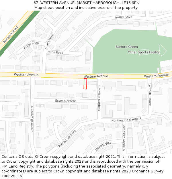 67, WESTERN AVENUE, MARKET HARBOROUGH, LE16 9PN: Location map and indicative extent of plot