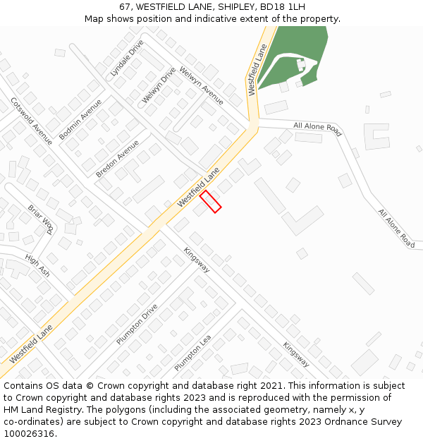 67, WESTFIELD LANE, SHIPLEY, BD18 1LH: Location map and indicative extent of plot