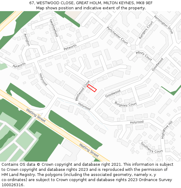 67, WESTWOOD CLOSE, GREAT HOLM, MILTON KEYNES, MK8 9EF: Location map and indicative extent of plot
