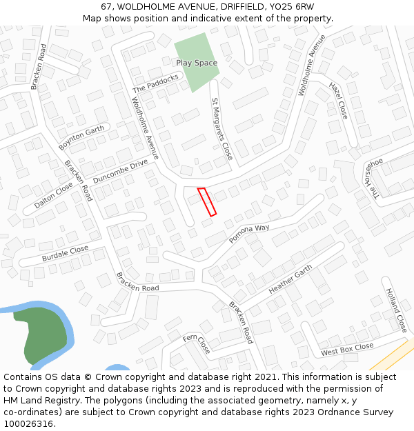 67, WOLDHOLME AVENUE, DRIFFIELD, YO25 6RW: Location map and indicative extent of plot