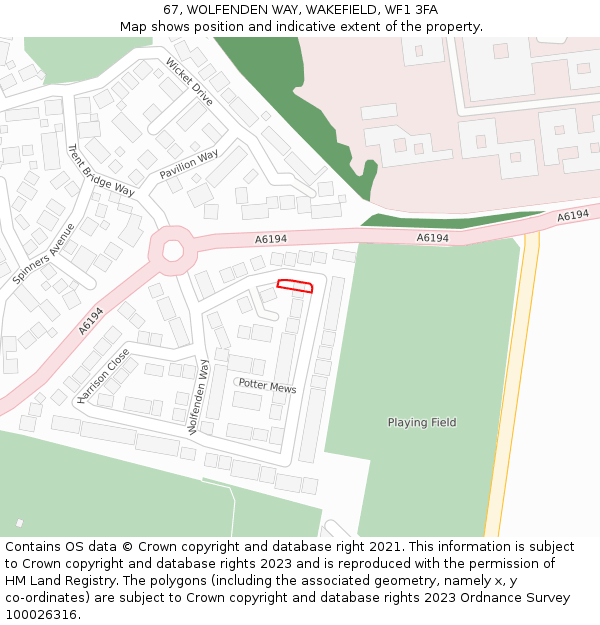 67, WOLFENDEN WAY, WAKEFIELD, WF1 3FA: Location map and indicative extent of plot