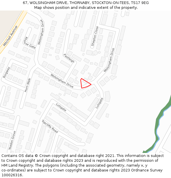 67, WOLSINGHAM DRIVE, THORNABY, STOCKTON-ON-TEES, TS17 9EG: Location map and indicative extent of plot