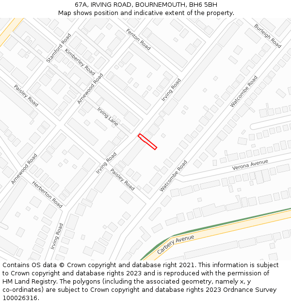 67A, IRVING ROAD, BOURNEMOUTH, BH6 5BH: Location map and indicative extent of plot
