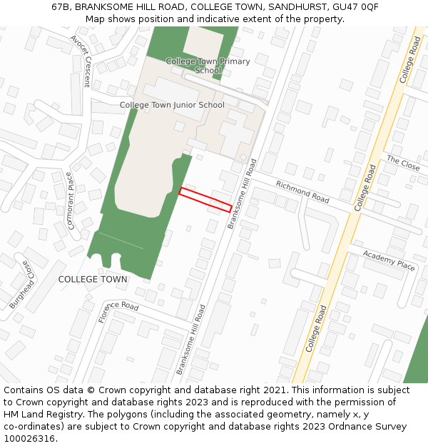 67B, BRANKSOME HILL ROAD, COLLEGE TOWN, SANDHURST, GU47 0QF: Location map and indicative extent of plot
