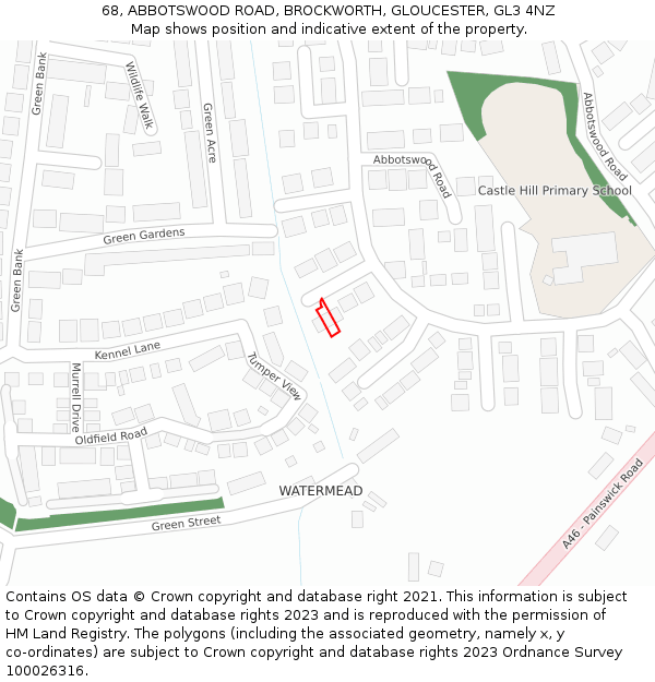 68, ABBOTSWOOD ROAD, BROCKWORTH, GLOUCESTER, GL3 4NZ: Location map and indicative extent of plot