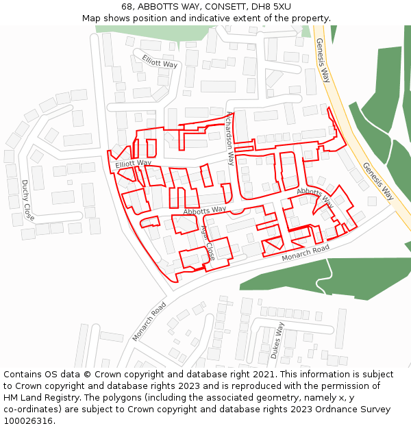 68, ABBOTTS WAY, CONSETT, DH8 5XU: Location map and indicative extent of plot