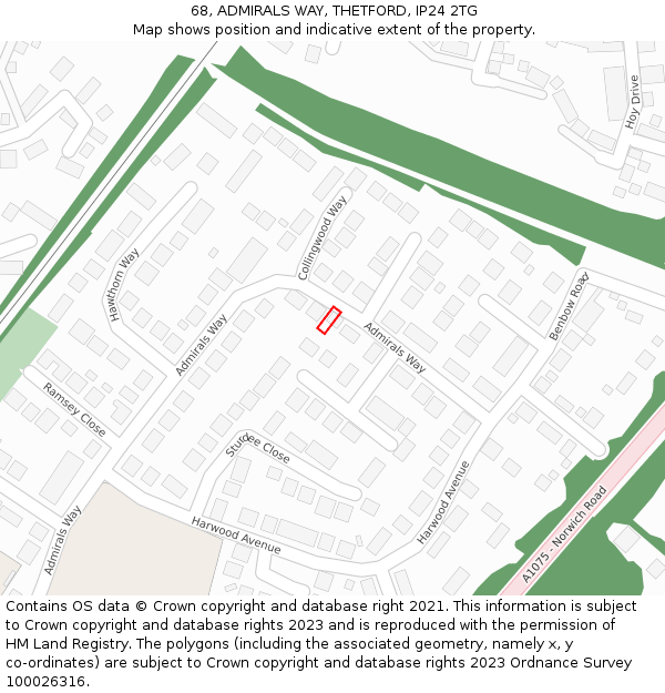 68, ADMIRALS WAY, THETFORD, IP24 2TG: Location map and indicative extent of plot