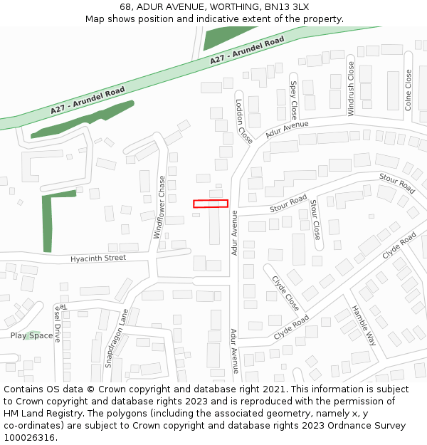 68, ADUR AVENUE, WORTHING, BN13 3LX: Location map and indicative extent of plot