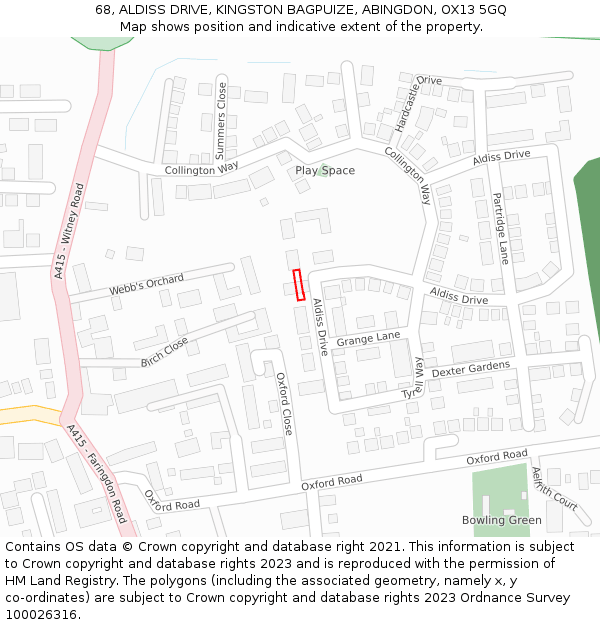 68, ALDISS DRIVE, KINGSTON BAGPUIZE, ABINGDON, OX13 5GQ: Location map and indicative extent of plot