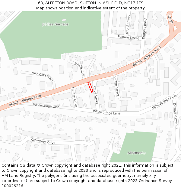 68, ALFRETON ROAD, SUTTON-IN-ASHFIELD, NG17 1FS: Location map and indicative extent of plot