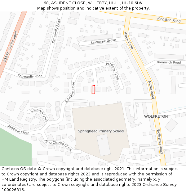 68, ASHDENE CLOSE, WILLERBY, HULL, HU10 6LW: Location map and indicative extent of plot