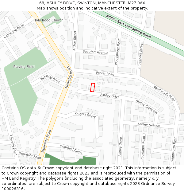 68, ASHLEY DRIVE, SWINTON, MANCHESTER, M27 0AX: Location map and indicative extent of plot