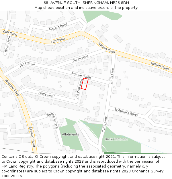 68, AVENUE SOUTH, SHERINGHAM, NR26 8DH: Location map and indicative extent of plot