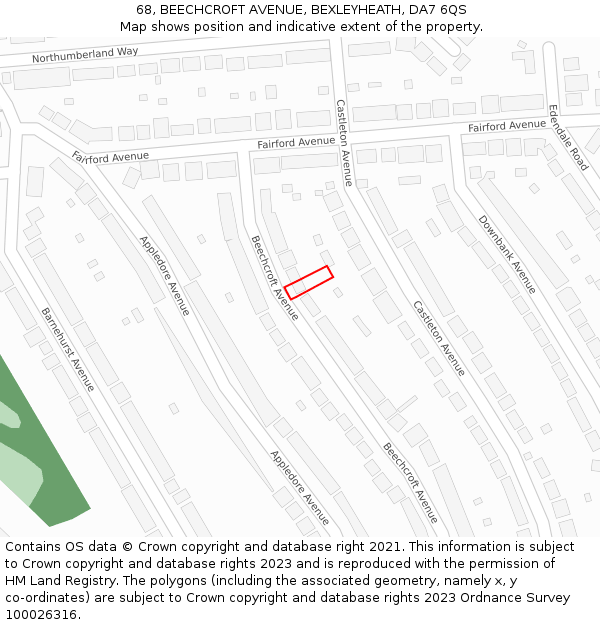 68, BEECHCROFT AVENUE, BEXLEYHEATH, DA7 6QS: Location map and indicative extent of plot