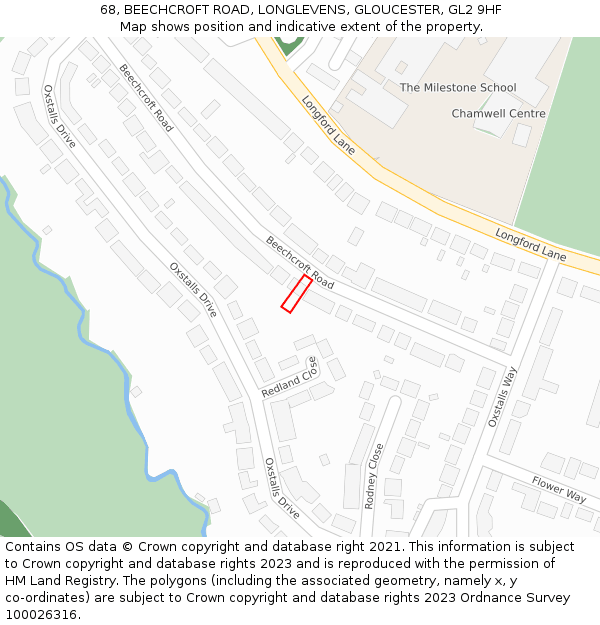 68, BEECHCROFT ROAD, LONGLEVENS, GLOUCESTER, GL2 9HF: Location map and indicative extent of plot