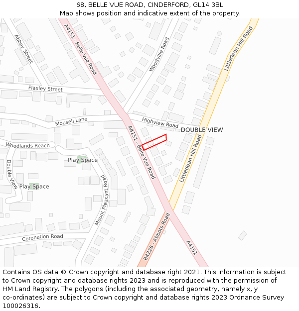 68, BELLE VUE ROAD, CINDERFORD, GL14 3BL: Location map and indicative extent of plot