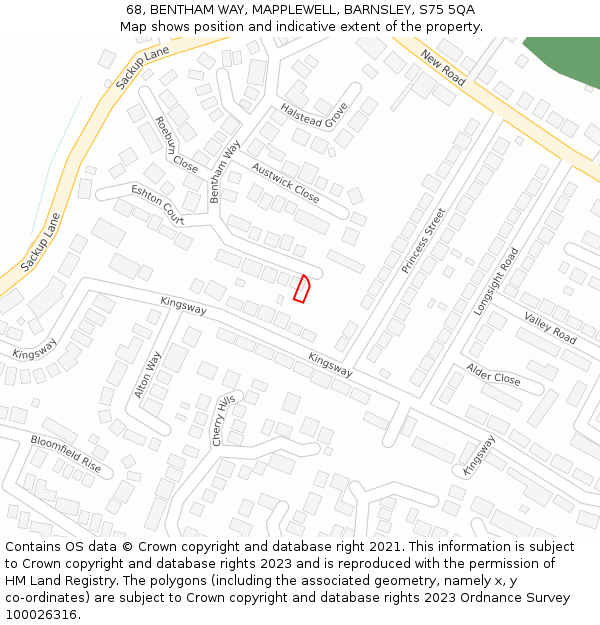 68, BENTHAM WAY, MAPPLEWELL, BARNSLEY, S75 5QA: Location map and indicative extent of plot
