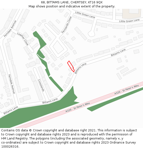 68, BITTAMS LANE, CHERTSEY, KT16 9QX: Location map and indicative extent of plot