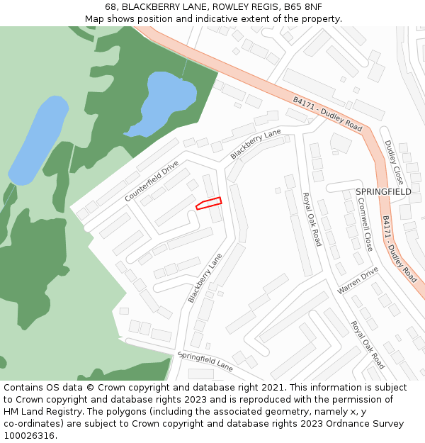 68, BLACKBERRY LANE, ROWLEY REGIS, B65 8NF: Location map and indicative extent of plot