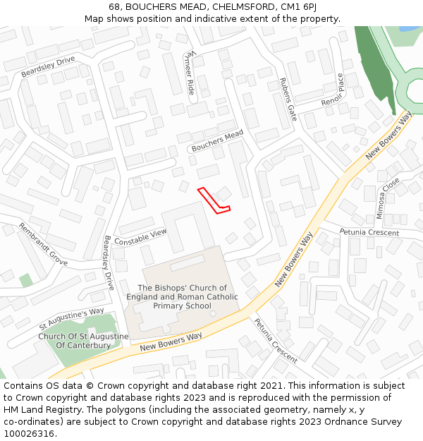 68, BOUCHERS MEAD, CHELMSFORD, CM1 6PJ: Location map and indicative extent of plot