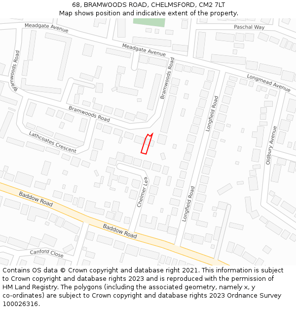 68, BRAMWOODS ROAD, CHELMSFORD, CM2 7LT: Location map and indicative extent of plot