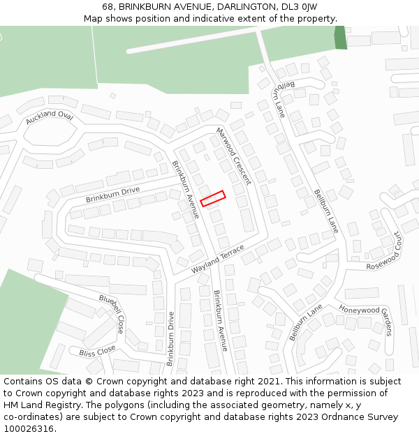 68, BRINKBURN AVENUE, DARLINGTON, DL3 0JW: Location map and indicative extent of plot
