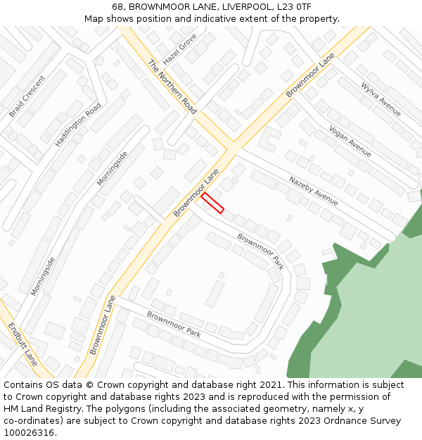 68, BROWNMOOR LANE, LIVERPOOL, L23 0TF: Location map and indicative extent of plot