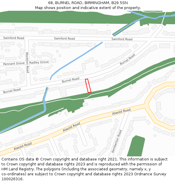 68, BURNEL ROAD, BIRMINGHAM, B29 5SN: Location map and indicative extent of plot