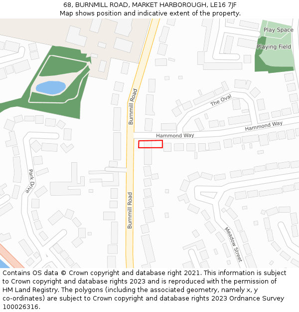 68, BURNMILL ROAD, MARKET HARBOROUGH, LE16 7JF: Location map and indicative extent of plot