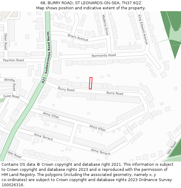 68, BURRY ROAD, ST LEONARDS-ON-SEA, TN37 6QZ: Location map and indicative extent of plot