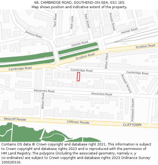 68, CAMBRIDGE ROAD, SOUTHEND-ON-SEA, SS1 1ES: Location map and indicative extent of plot