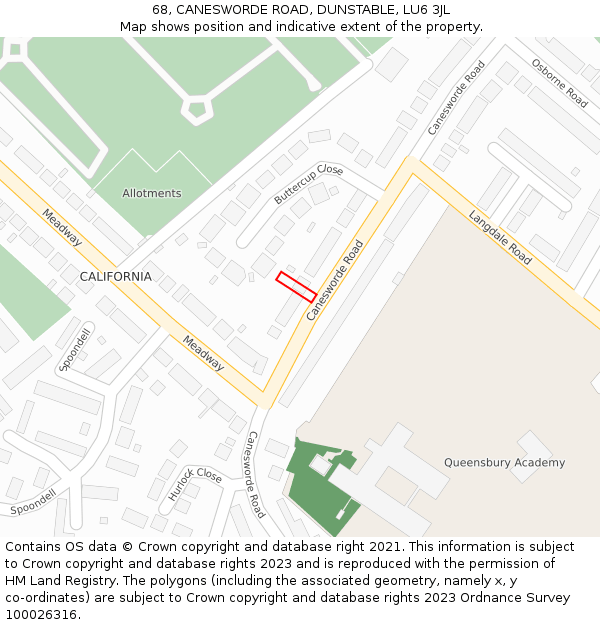 68, CANESWORDE ROAD, DUNSTABLE, LU6 3JL: Location map and indicative extent of plot
