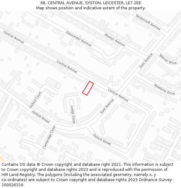 68, CENTRAL AVENUE, SYSTON, LEICESTER, LE7 2EE: Location map and indicative extent of plot