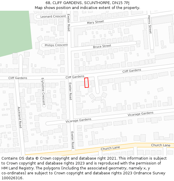 68, CLIFF GARDENS, SCUNTHORPE, DN15 7PJ: Location map and indicative extent of plot