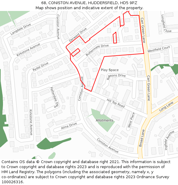 68, CONISTON AVENUE, HUDDERSFIELD, HD5 9PZ: Location map and indicative extent of plot