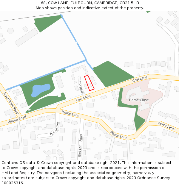 68, COW LANE, FULBOURN, CAMBRIDGE, CB21 5HB: Location map and indicative extent of plot
