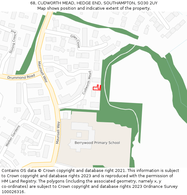 68, CUDWORTH MEAD, HEDGE END, SOUTHAMPTON, SO30 2UY: Location map and indicative extent of plot
