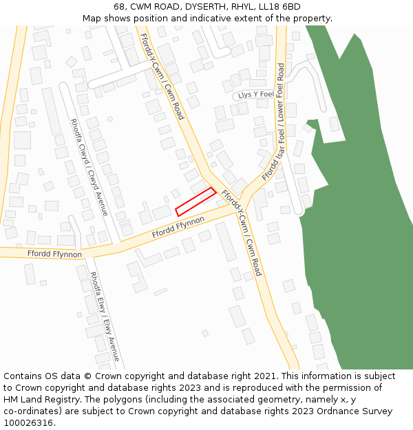 68, CWM ROAD, DYSERTH, RHYL, LL18 6BD: Location map and indicative extent of plot