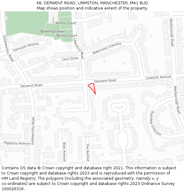 68, DERWENT ROAD, URMSTON, MANCHESTER, M41 8UD: Location map and indicative extent of plot
