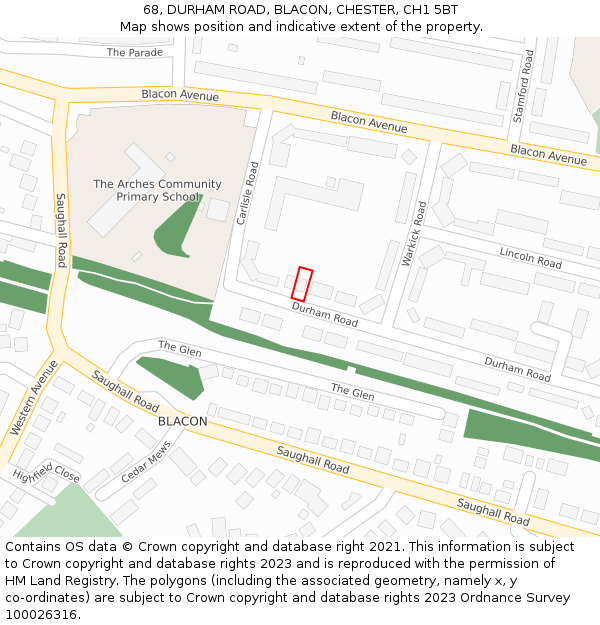 68, DURHAM ROAD, BLACON, CHESTER, CH1 5BT: Location map and indicative extent of plot