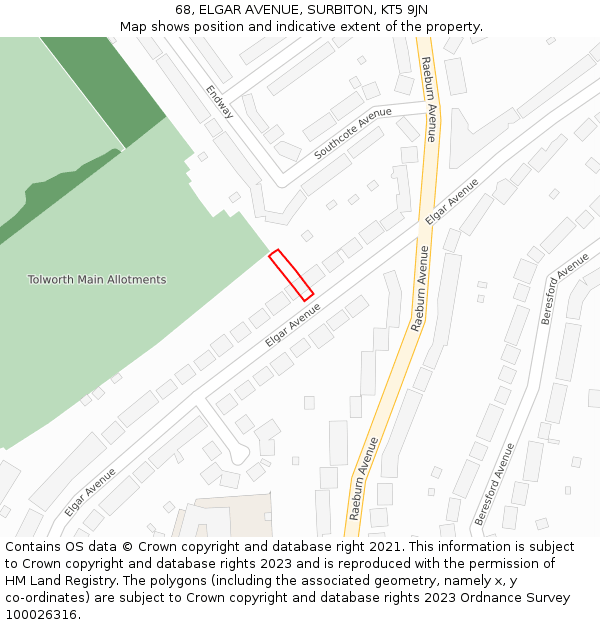 68, ELGAR AVENUE, SURBITON, KT5 9JN: Location map and indicative extent of plot